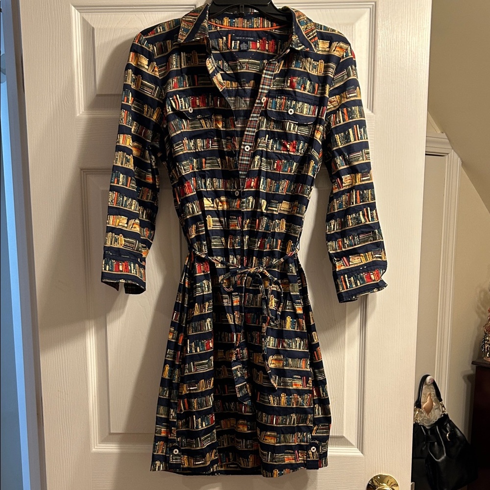 Tommy Hilfiger Stylish Book Print Button Down Dress With Self-Waist Tie